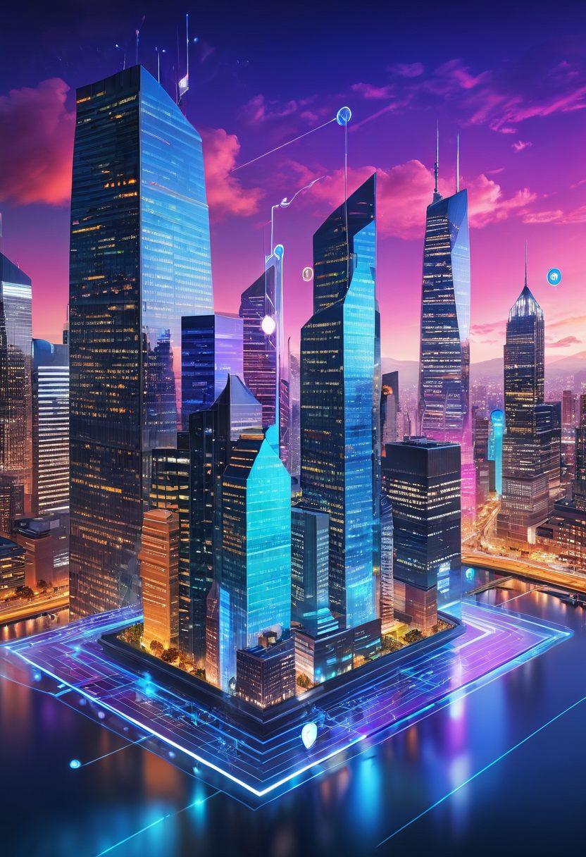 A futuristic, sleek web interface displaying dynamic elements like graphs, social media icons, and user interactions, all floating in a vibrant virtual space. The background should feature a modern skyscraper cityscape symbolizing growth and advancement. Include elements that represent professional web services such as a digital toolkit, coding symbols, and cloud storage. super-realistic. vibrant colors. 3D.