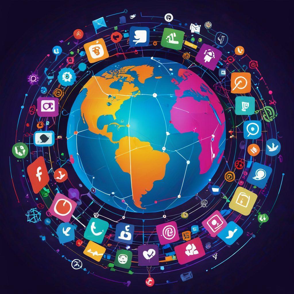 A diverse, interconnected web of digital devices and footprints on a globe, showcasing various online activities like social media, email, and security locks, all orbiting around a central emblem representing Puritant. A dynamic blend of technology and human interaction in the background. super-realistic. vibrant colors.